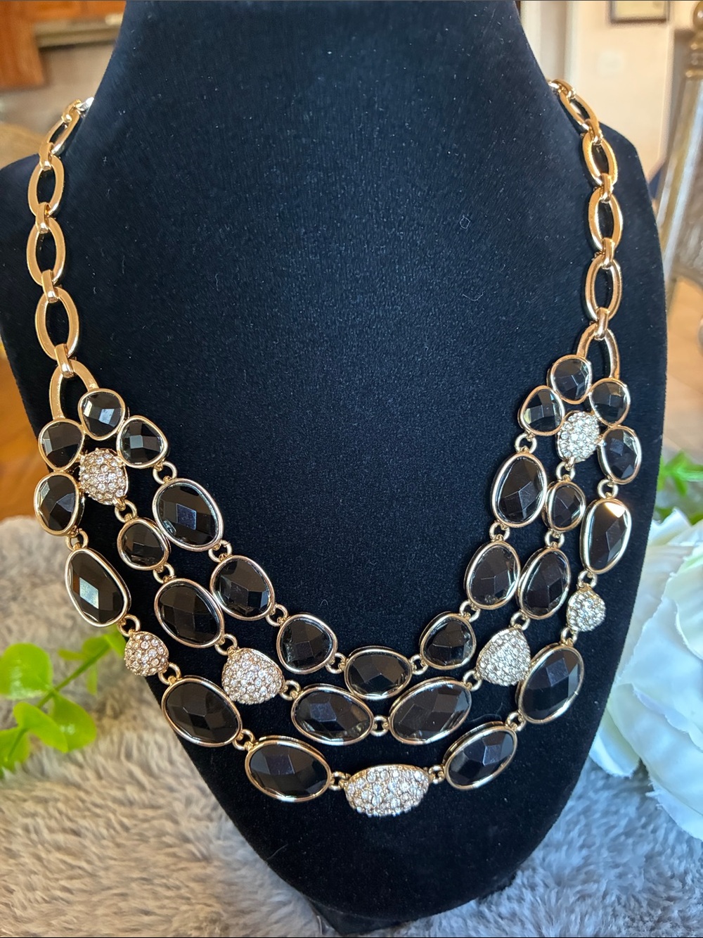 Multi-Row Black & Gold Statement Necklace with Crystal Accents